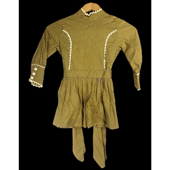 Vintage 1960s Dress Girls 4 5 Olive Green Polka Dot High Neck Short Style Retro